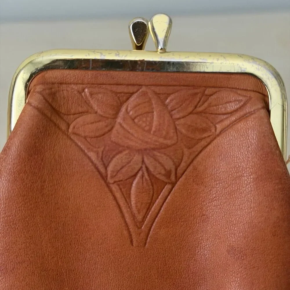 Vintage Rolfs Genuine Leather Cigarette Case Coin Purse Kiss Lock Brown Floral